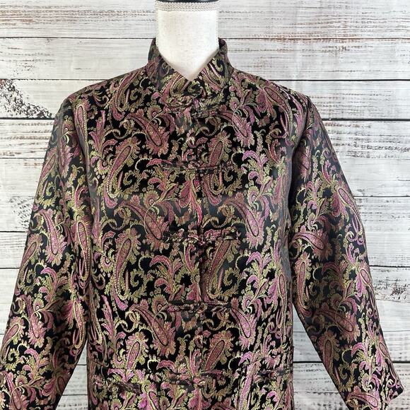 Robert Louis Oriental Asian Jacket Blazer size Medium Pink Gold Paisley Silk - Picture 2 of 12